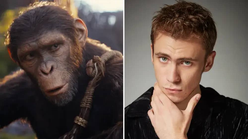 Left image: Still of Noa in Kingdom of the Planet of the Apes
Right image: Owen Teague headshot